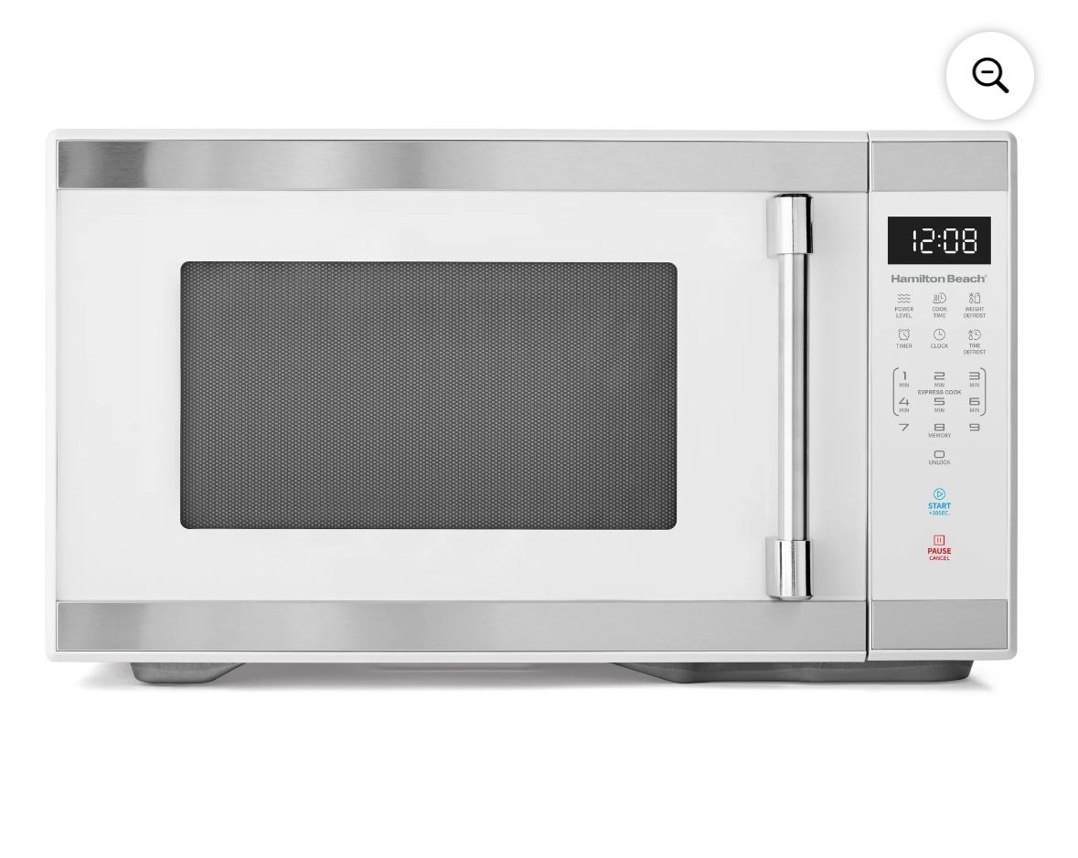 Hamilton Beach 1.1 Cu ft Countertop Microwave Oven, White and Stainless Steel