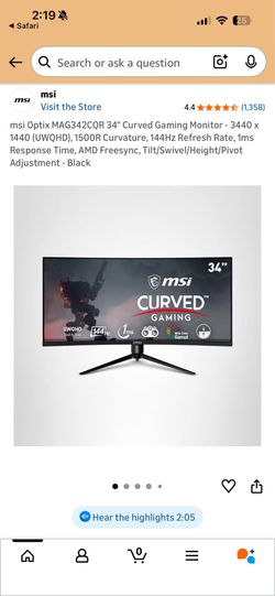 New sealed msi Optix MAG342CQR 34" Curved Gaming Monitor - 3440 × 1440 (UWQHD), 1500R Curvature, 144Hz Refresh Rate, 1ms Response Time, AMD Freesync, 