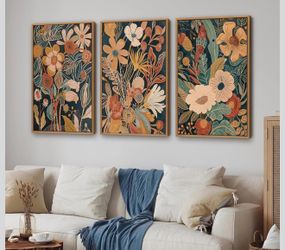 Burnt Orange Floral Framed Canvas Wall Art Set of 3, Boho Chic Flower Artwork, Mid Century Modern Plant Wall Decor, Colorful Neutral Botanical Art Pri