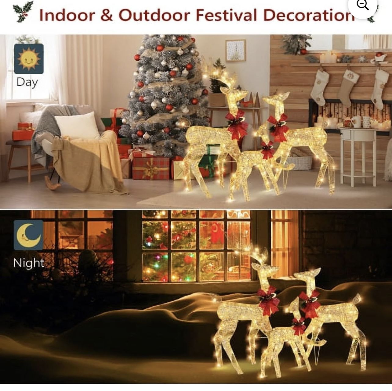 3-Piece Lighted 3D Christmas Reindeer Set Outdoor Yard Decoration 270 LED Lights, Stakes