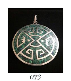 2.2" Solid Sterling Silver Handcrafted Crushed Turquoise Aztec Pendant. Made in Mexico, signed (Rare)