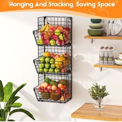 X-cosrack Metal Wire Basket Wall Mount, 3 Tier Wall Storage Basket Organizer 