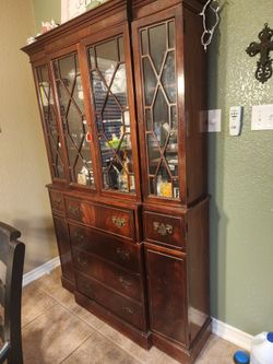 Vintage Breakfront Mahogany China Cabinet With Secretary Dropdown Desk