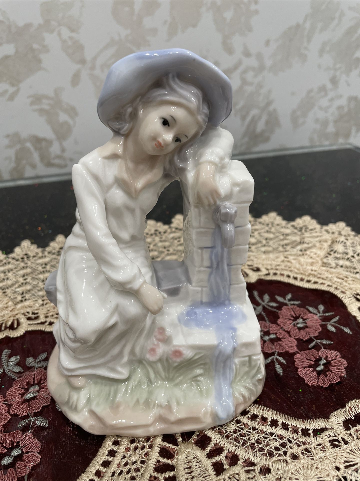 Vintage Porcelain Girl Resting by a Well Figure Statue Made In Taiwan 6in