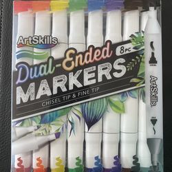 Art Skills Dual-Ended Markers 8pc Chisel Tip & Fine Tip! New 