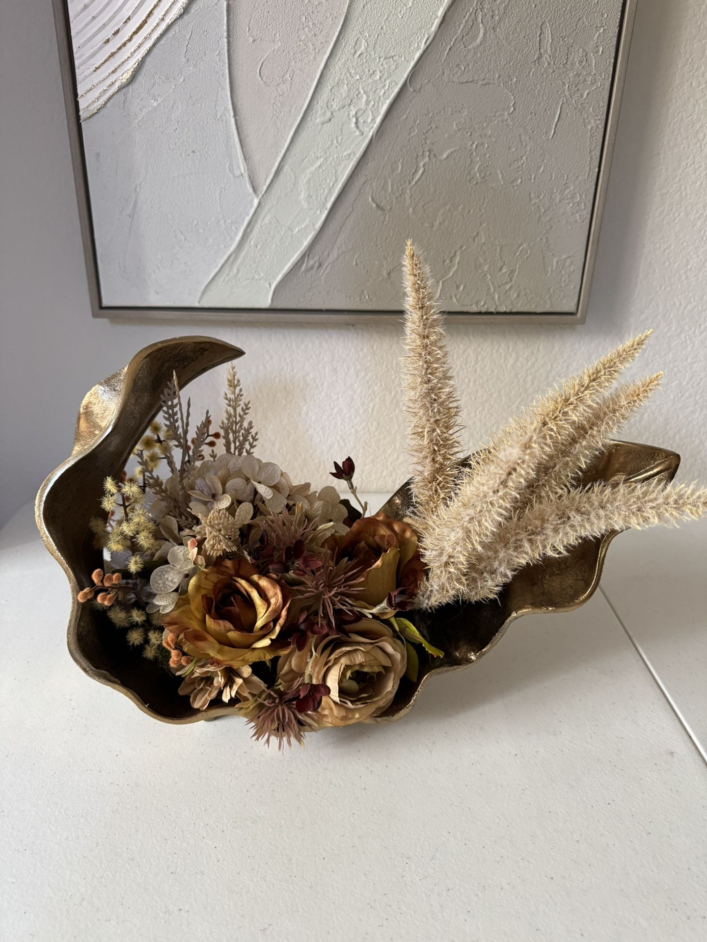 Decorative arrangement artificial flowers, pampas grass shell shaped vase - rustic aesthetic
