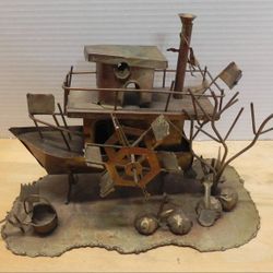 VINTAGE SANKYO WIND-UP MUSICAL RIVERBOAT  METAL SCULPTURE  - PLAYS "MOON RIVER