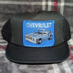 VTG 80s Chevrolet Pickup Truck Trucker Hat Snapback Mesh Black Blue Patch Cap