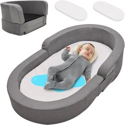 Foldable Toddler Travel Bed with 2 Waterproof Mattress Covers, Portable Floor Bed for Toddlers 2-in-1 Convertible Baby Crib Kids Sofa Chair Toddler Ca