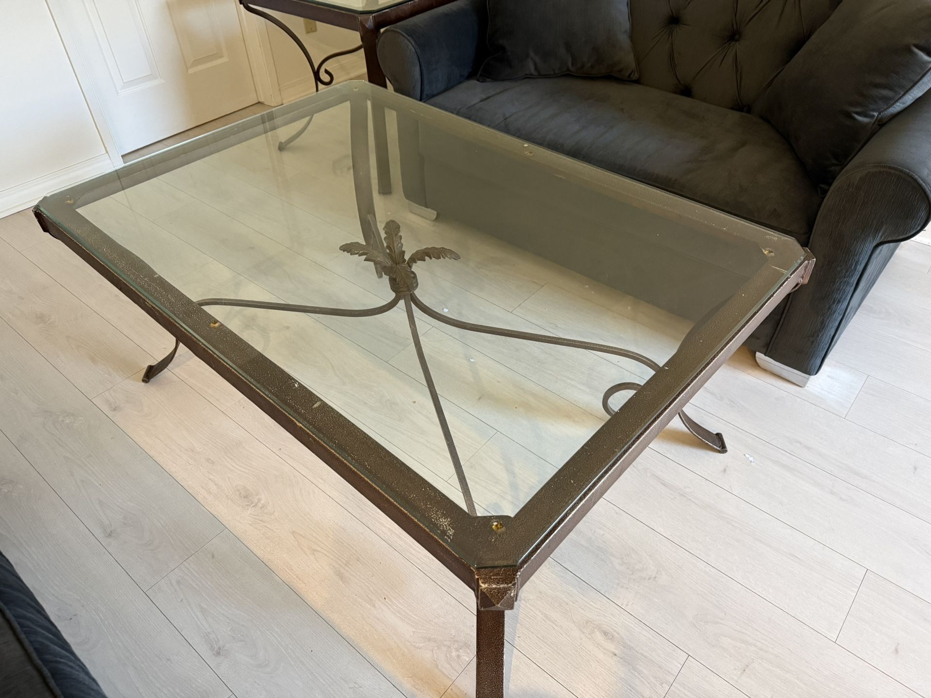 Glass Coffee Table + End Table Set – Iron Base – Matching Set