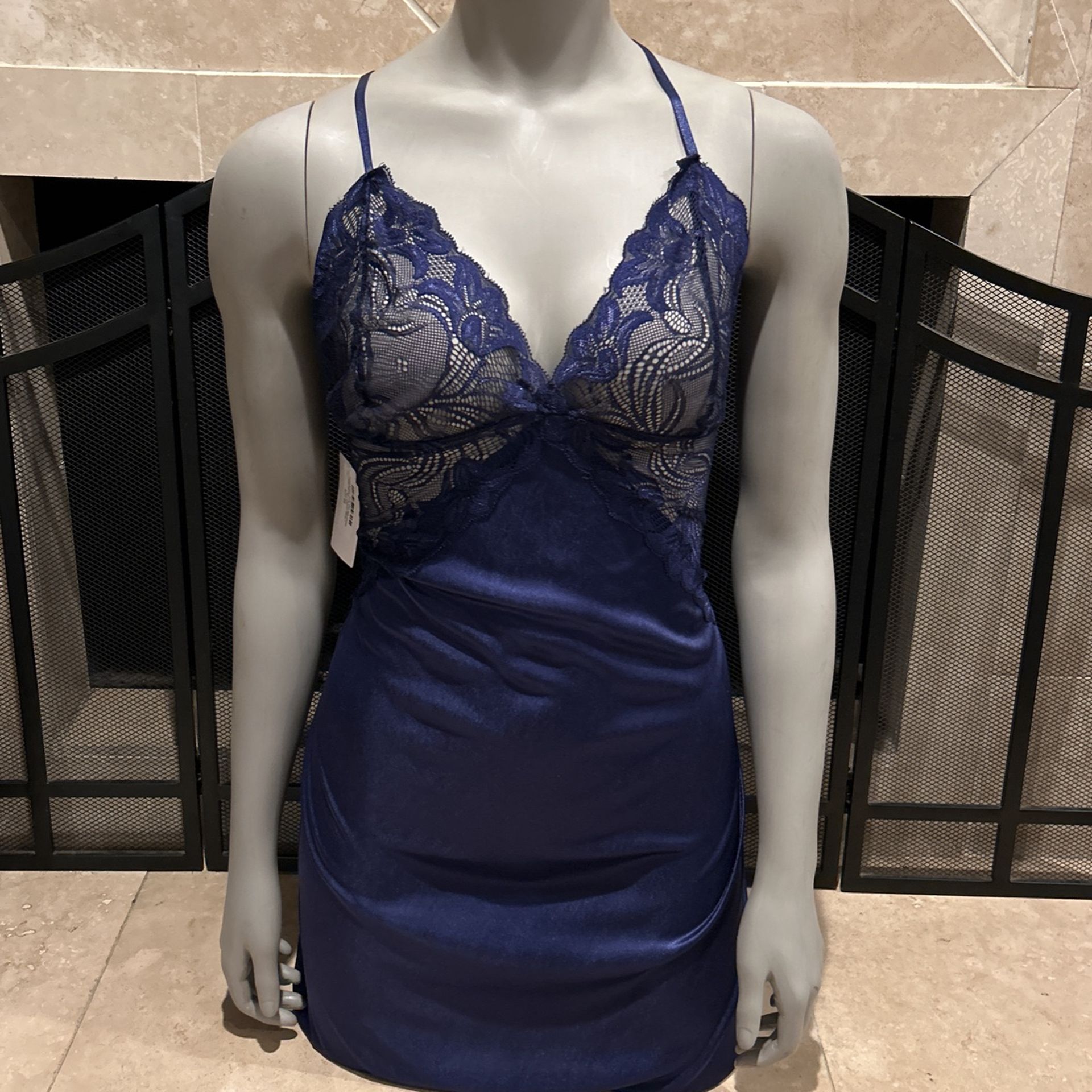 Royal Blue Backless Silk Lace Nightgown - New 