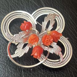 Vintage new Silver and Red coral Floral Brooch pin
