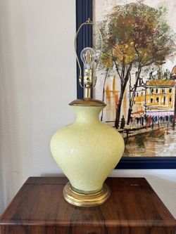 Large Vintage Yellow Floral Etched Glass and Brass Lamp