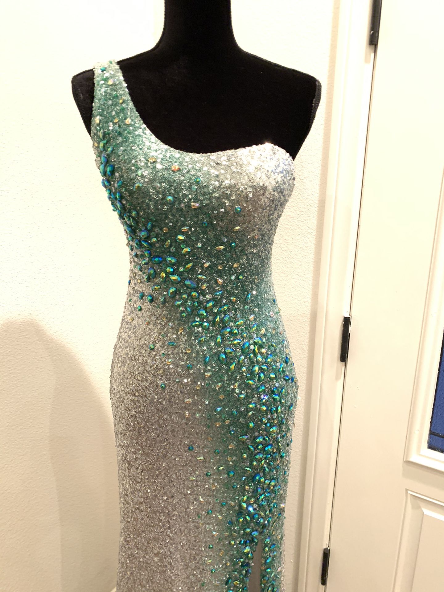 La Femme Maxi, One Shoulder, Silver and Teal Dress