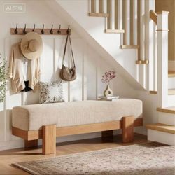 Soft fabric seat cushion, solid wood leg shoe cabinet bench, bench with padded seat, beige linen surface