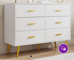 Modern White 6-Drawer Dresser with Gold Hardware