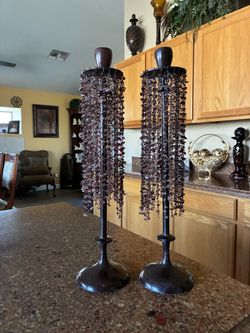 Pair of Beaded Fringe Candle Holders 17”