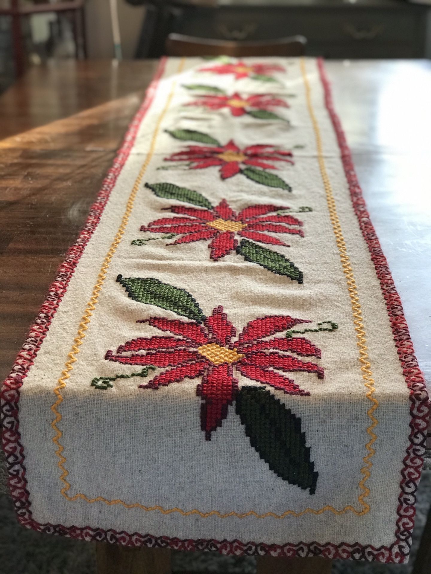 Hand made table runner/bed accent/tv console woven on wooden loom poinsettia embroidered pure wool.