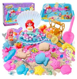 Brand New~ Mermaid Sensory Bin 103pcs Play Sand Art Kit with Sandbox/2lb Color Sand/6 Molds/Treasure Box/Shell, Ocean Sensory Toy Ch