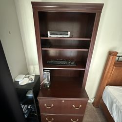 Cherry colored file cabinets, bookshelf