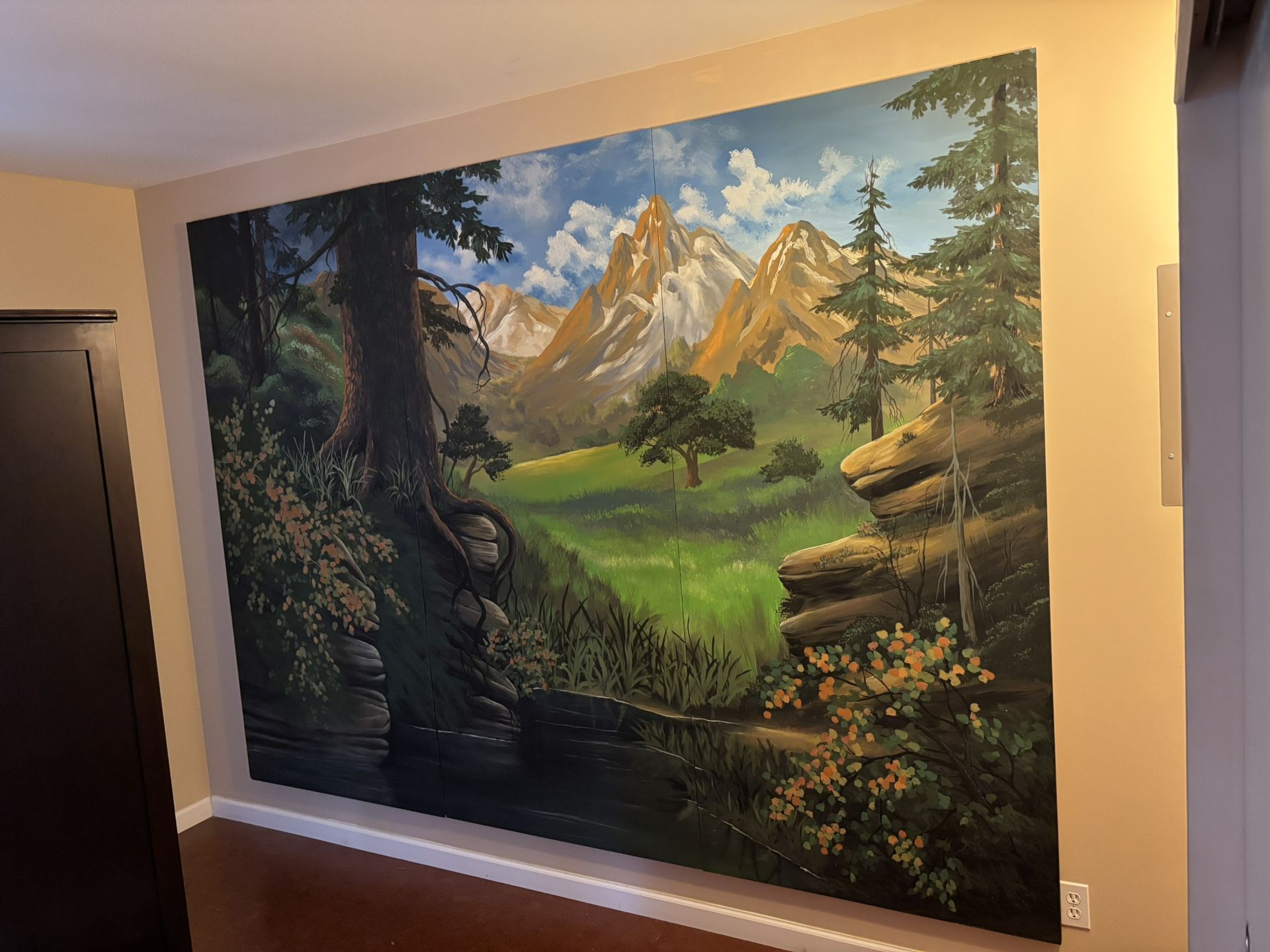 Hand-Painted Mountain Mural, Three-Panel Wall Art