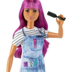 Barbie Careers Fashion Doll & Accessories, Salon Stylist with Purple Hair Wearing Removable Outfit with Tie-Dye Smock, Blow Dryer & Brush

