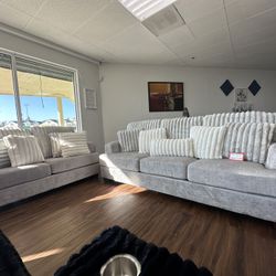 Modern Light Gray Sofa & Loveseat Corduroy Pillows & Velvet Seating 