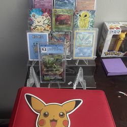 Pokémon Cards With 4 Tier Display, Card Holders, And A Large Leather Card Book 