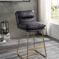 COUNTER HEIGHT CHAIRS SET OF 2 VINTAGE BLACK LEATHER