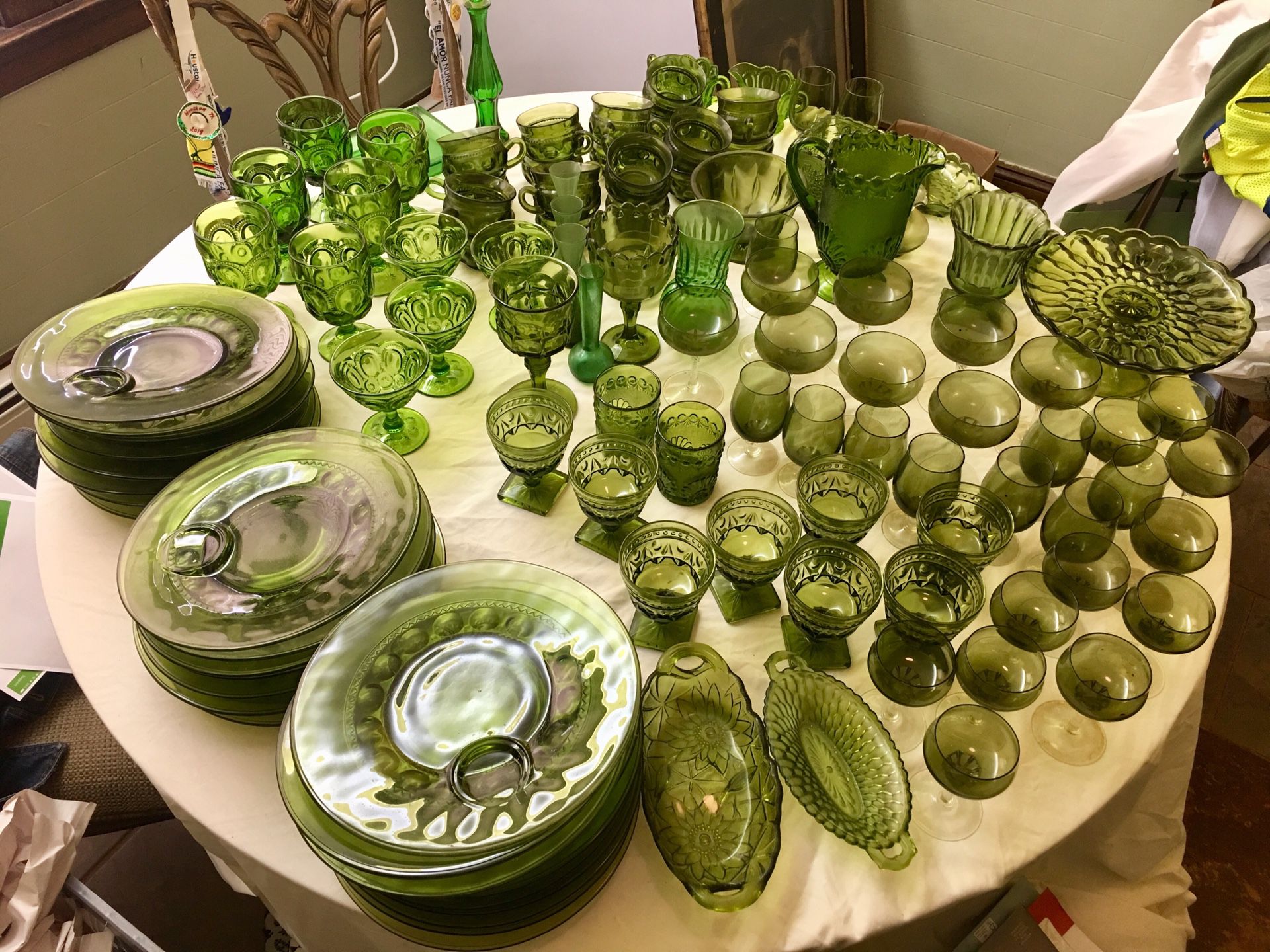 (132 Piece) Vintage Set Olive Green Indiana Glass Dinnerware. Mixed Patterns.
