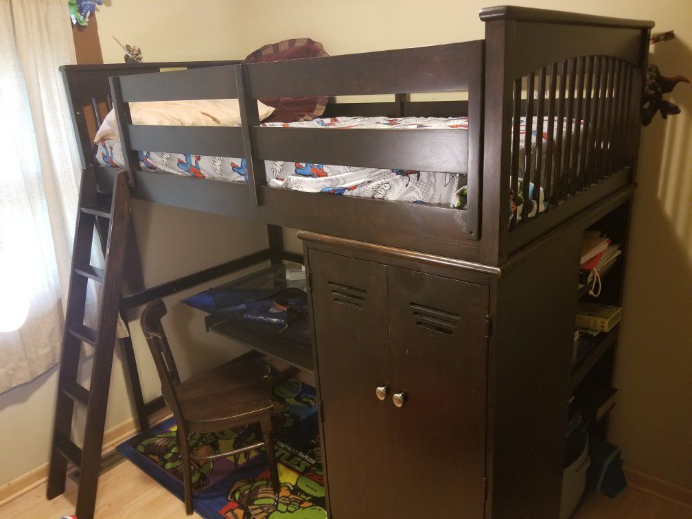 Kid's loft/ bunk bed with cabinet and shelves