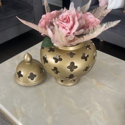 Gold Vase with Pink Fake Flowers 
