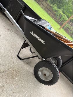 Husky wheelbarrow and tools