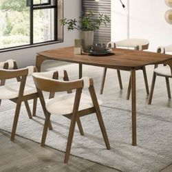 Brand New Walnut & Beige 5pc Mid Century Modern Style Dining Table Set