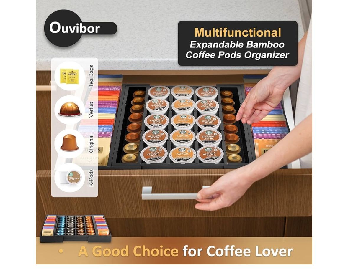 Extra Large Coffee Pod Holder Drawer Expandable Bamboo Coffee and/or Tea Bag Organizer