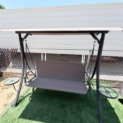 Patio Swing with Canopy 3 Seat Outdoor Porch Swing with Stand w/ Side Table Glider Chair