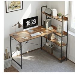 Computer Corner Desk with Storage Shelves, 43.9 “x21.3”x3.3/111.5x54x8.5cmx L Shaped Computer Desk, Home Office Writing Desk with 2 Hooks, Brown
