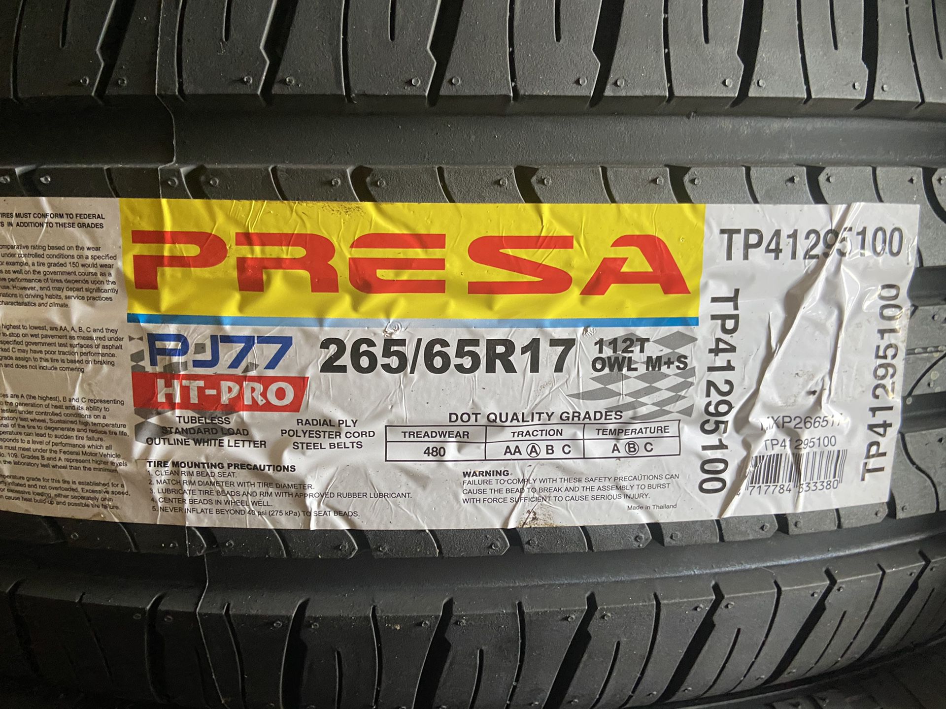 X4 (265 65 17) presa tires! $450.37, out the door, mounting, balancing, installation and alignment included!