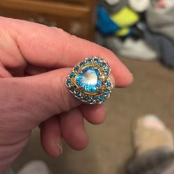 Blue diamond Heart Ring. Gold Outerlay. Sterling silver.