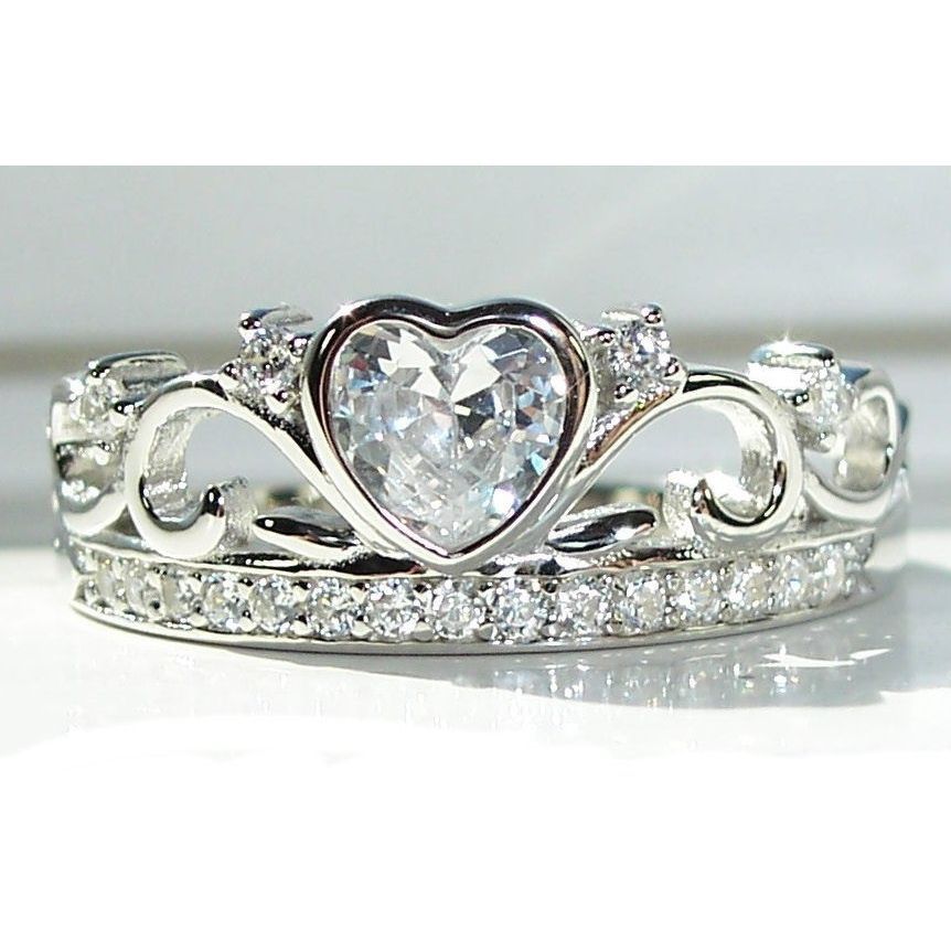 Size 10, 925 Sterling Silver Crown Tiara Heart CZ Ring
