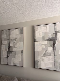 Abstract Gray and White Framed Canvas Art Set of 2