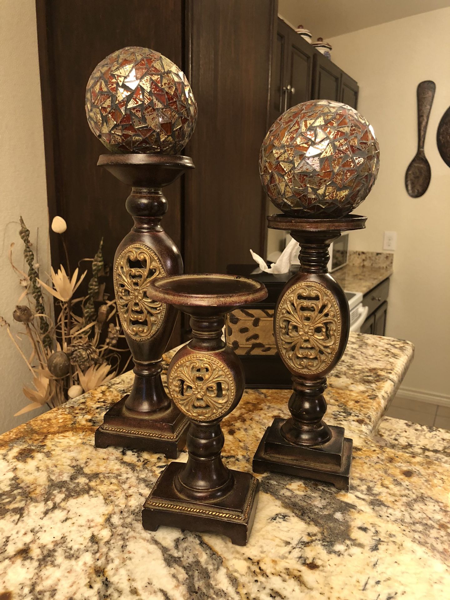 Three Candels Holders With Two Balls