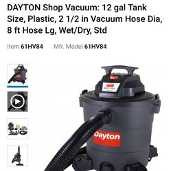 DAYTON Shop Vacuum: 12 gal Tank Size, Plastic, 2 1/2 in Vacuum Hose Dia, 8 ft Hose Lg, Wet/Dry, Std