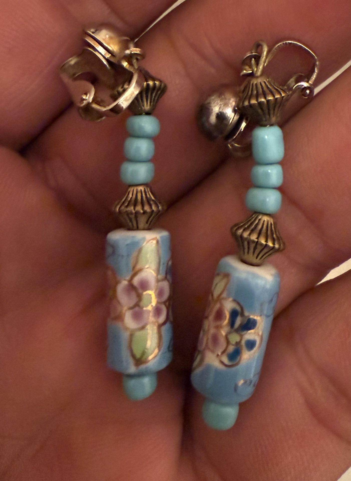 Vintage Chinese Porcelain Aqua Pink Purple Flower Painted Bead Earrings, Ornate Antiqued Brass Bead
