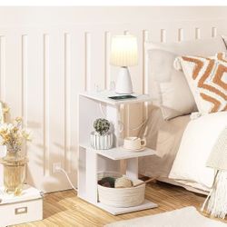 End Table with Charging Station, Narrow Side Table for Small Spaces with USB Ports and Outlets, Narrow Nightstand with Light, Thin Bedside Table for L