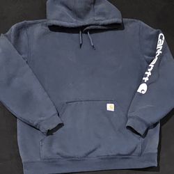 Carhartt Loose Fit Sleeve Logo Loose Fit Dark Navy Hooded Sweatshirt Mens XL 