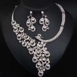 Luxury Teardrop Gemstone Peacock Necklace and Earrings Set Bridal Dubai Banquet Jewelry Colorfu Stage Fashion Gift