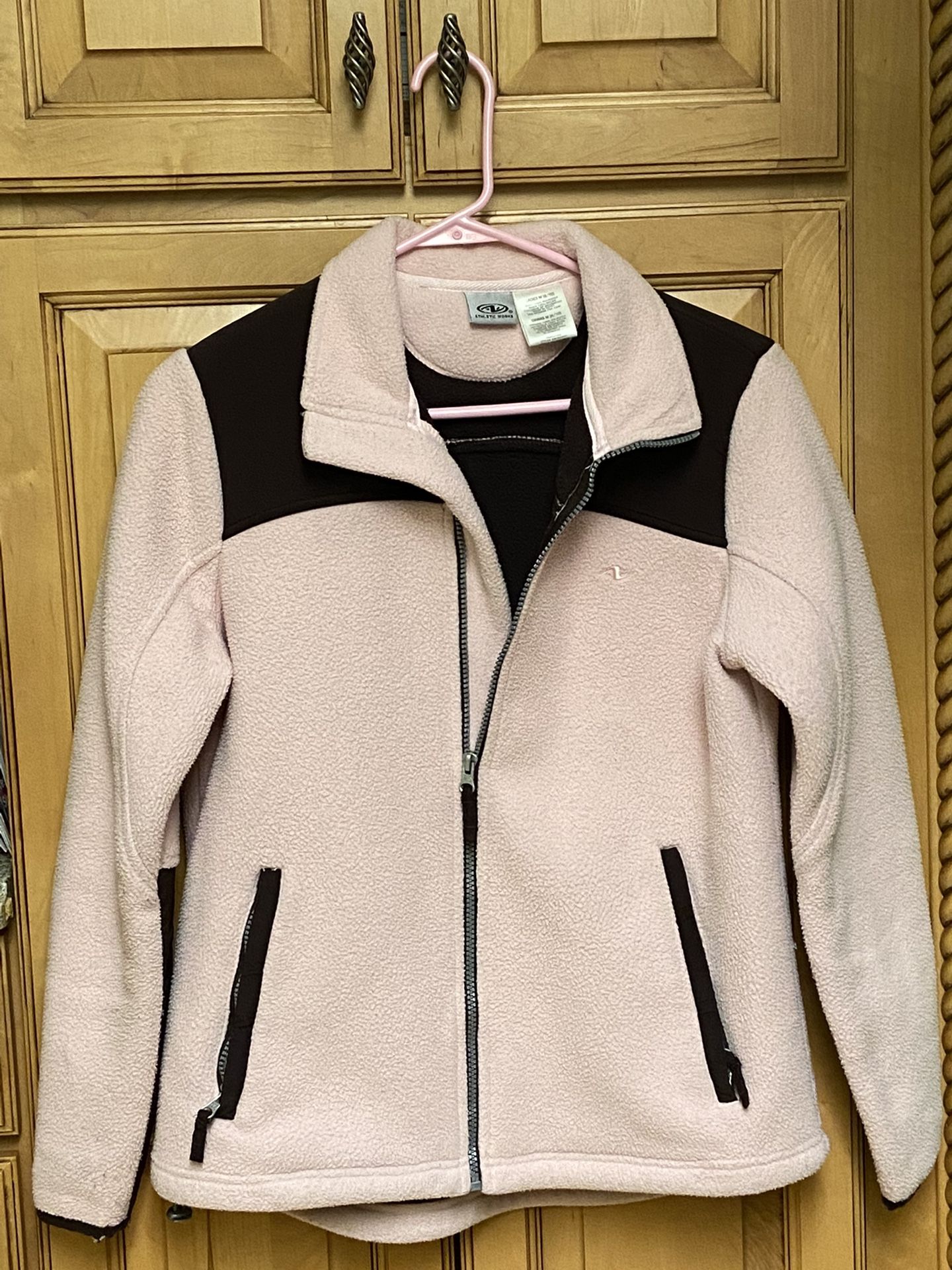pink and brown fleece winter jacket