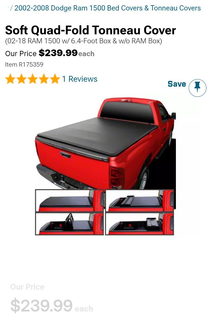 Soft Quad-Fold Tonneau Cover
(02-18 RAM 1500 w/ 6.4-Foot Box & w/o RAM Box)