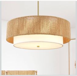 18'' Boho Rattan Chandelier Drum Pendant Light with Fabric Lampshade Hanging Light Fixture 3-Light Farmhouse Chandeliers for Dining Room Bedroom Kitch